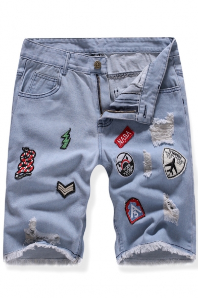 Men's Popular Fashion Ripped Detail Fringed Trim Embroidery Patched Stretch Fit Light Blue Denim Shorts