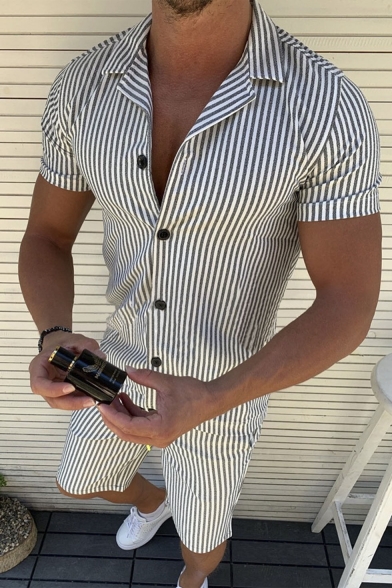 Men's Popular Fashion Stripes Printed Short Sleeve Button-Down Casual Leisure Rompers