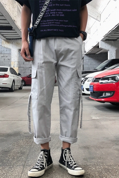 Men's Simple Fashion Solid Color Flap Pocket Side Ribbon Embellished Drawstring Cuffs Casual Cotton Cargo Pants