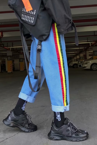 Men's Stylish Colorblock Stripe Side Rolled Cuffs Straight Wide Leg Jeans