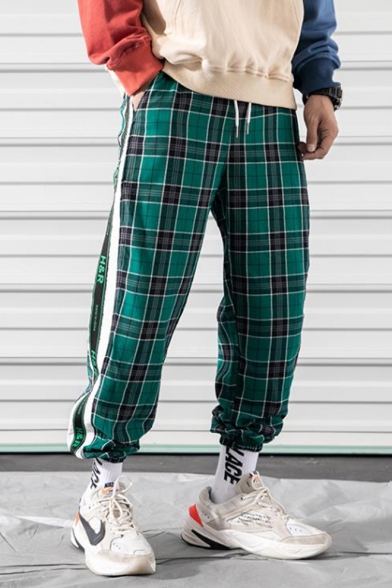Men's Stylish Plaid Letter Pattern Tape Patched Side Drawstring Waist Elastic Cuffs Casual Track Pants