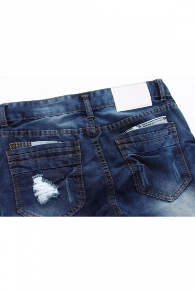 Men's Summer Fashion Retro Washed Rolled Cuffs Blue Ripped Denim Shorts