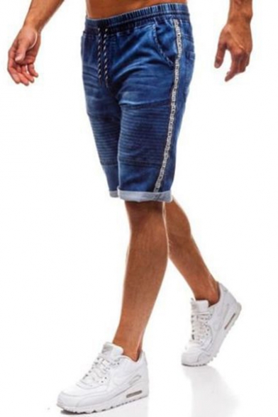 Men's Summer Fashion Tape Side Pleated Detail Drawstring Waist Rolled Cuffs Blue Denim Shorts