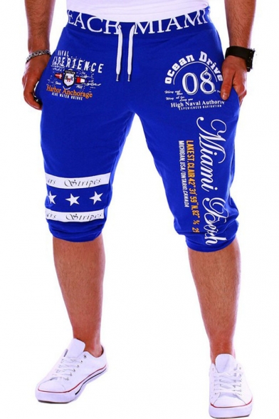 Men's Summer Trendy Letter 08 Stars Printed Drawstring Waist Casual Sports Sweat Shorts
