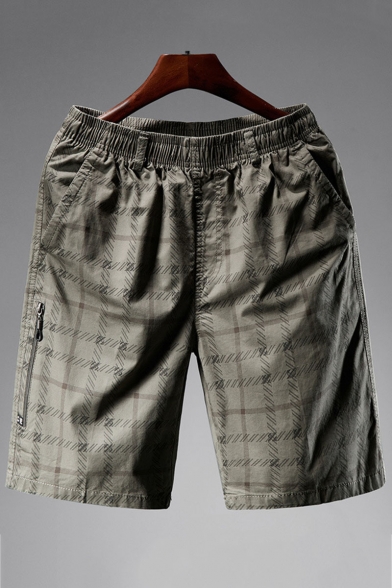 Men's Summer Trendy Plaid Pattern Zipped Pocket Side Elastic Waist Casual Cotton Shorts