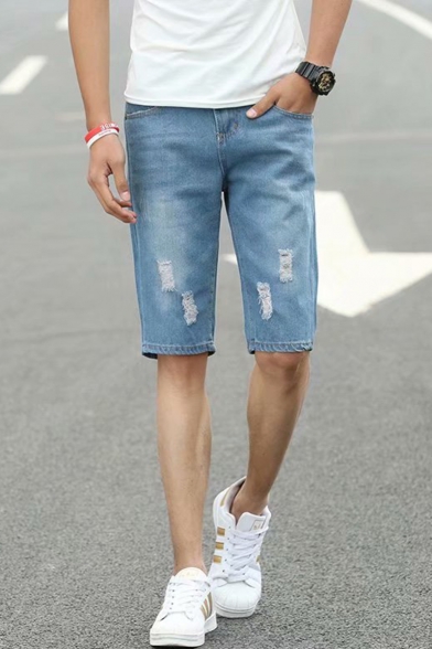 Men's Summer Trendy Simple Plain Slim Fit Casual Ripped Denim Shorts