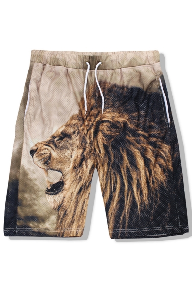 Men's Trendy 3D Lion Printed Drawstring Waist Quick-drying Breathable Khaki Casual Athletic Shorts