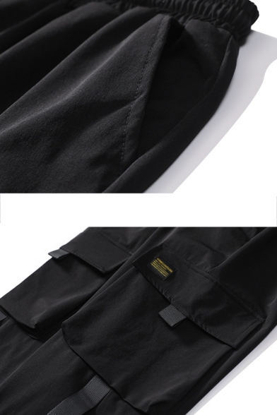 Men's Trendy Plain Multi-pocket Design Ribbon Embellished Drawstring Waist Black Cargo Pants