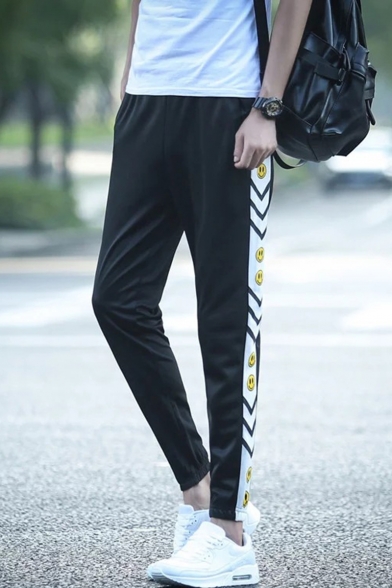 Men's Trendy Stripe Emoji Printed Elastic Cuffs Black Casual Track Pants