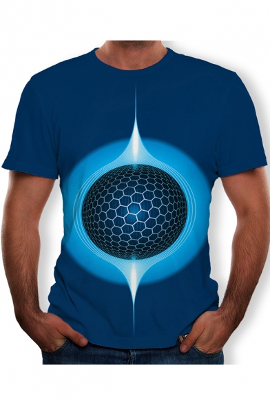 Mens Fashion 3D Circle Ball Printed Round Neck Short Sleeve Blue T-Shirt