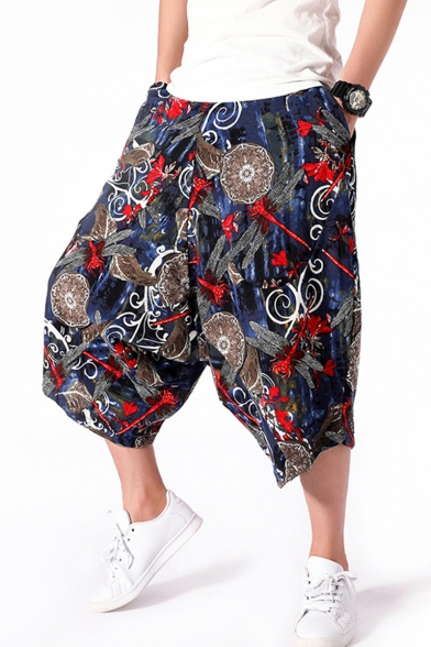 Mens National Style Unique Floral Printed Baggy Low Crotch Cropped Harem Pants