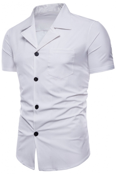 Mens Stylish Simple Plain Notched Lapel Collar Short Sleeve Cotton Fitted Button Shirt