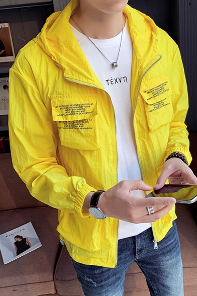 Mens Unique Letter Flap Pocket Front Long Sleeve UV Protection Zip Up Hooded Jacket Coat