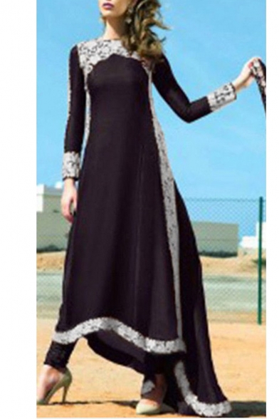 New Arrival Chic Long Sleeve Lace Trim Flare Maxi A-Line Dress