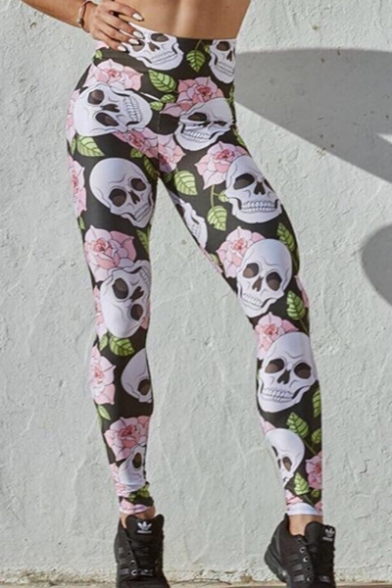 New Arrival White Elastic Waist Flower Skull Printed Slim Fitted Yoga Legging Pants