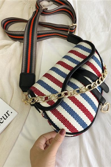 New Collection Fashion Colorblock Stripe Pattern Chain Handle Crossbody Saddle Bag 22*19*4 CM