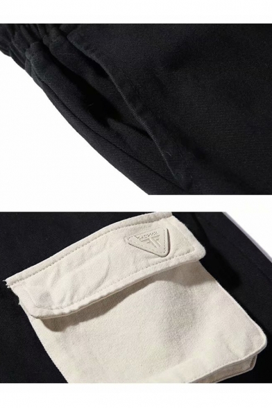 New Fashion Colorblock Multi-pocket Drawstring Waist Men's Black Cotton Casual Cargo Pants