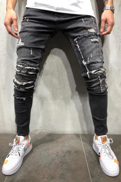 New Fashion Plain Hip Hop Style Knee Cut Men's Black Casual Ripped Skinny Jeans