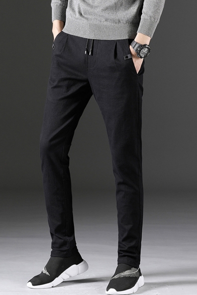 New Fashion Simple Plain Drawstring Waist Slim Fit Casual Pants for Men