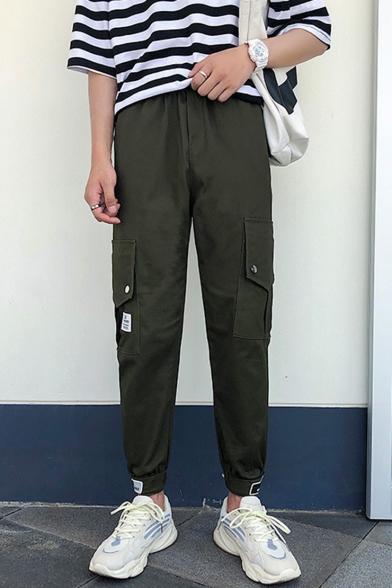 New Fashion Solid Color Flap Pocket Elastic Cuffs Men's Casual Cargo Pants