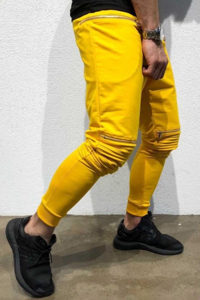 New Fashion Solid Color Pleated Detail Zipper Embellishment Men's Casual Elastic Pencil Pants