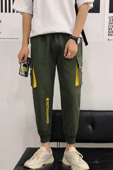 New Trendy Letter Star Printed Drawstring Waist Cotton Casual Cargo Pants with Side Pocket