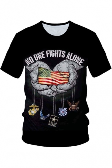NO ONE FIGHTS ALONE Flag Print Black Short Sleeve Tee