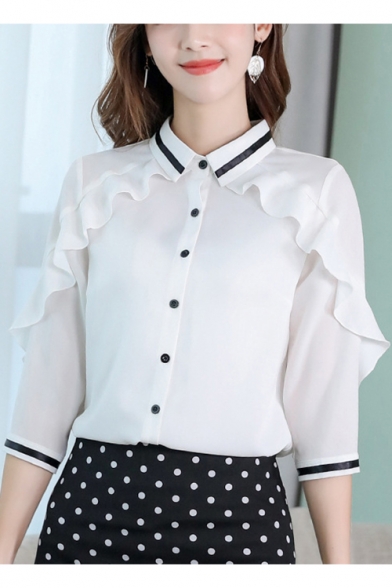 Office Lady Fashion Ruffled Hem Button Down Fitted Chiffon Shirt Blouse