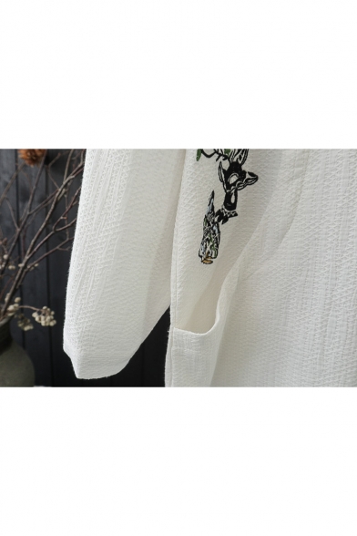 Simple Embroidery White Stand Collar Long Sleeve Button Front Longline Shirt Blouse