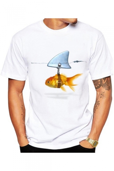 Simple Goldfish Printed Round Neck Short Sleeve White Casual Tee