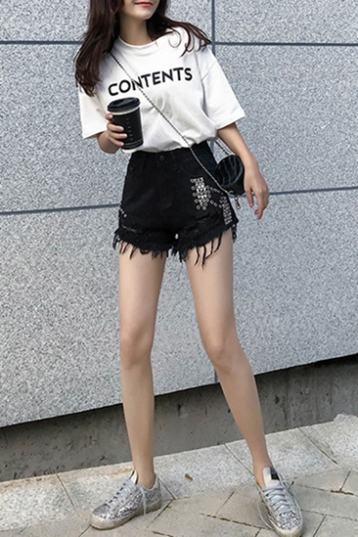 Street Fashion Studded Embellished High Rise Shredded Frayed Hem Denim Shorts