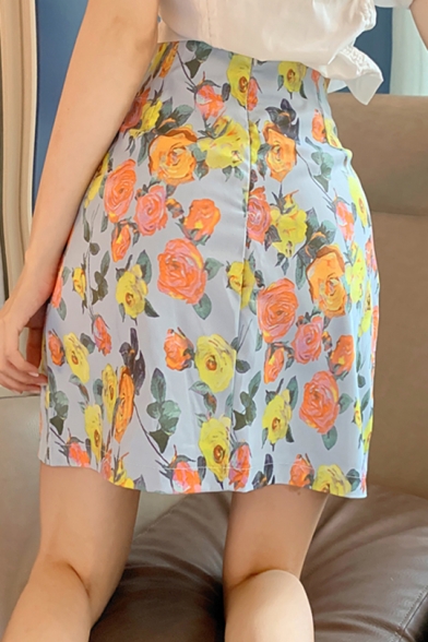 Stylish Sweet Womens Floral Print Split Front Fitted A-Line Mini Skirt