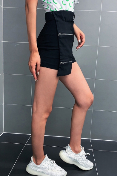 Summer Cool Girls High Rise Zipper Pocket Patched Black Slim Fit Shorts
