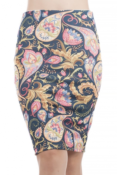 Summer Elegant New Arrival High Waist Floral Print Split Back Fitted Midi Pencil Skirt