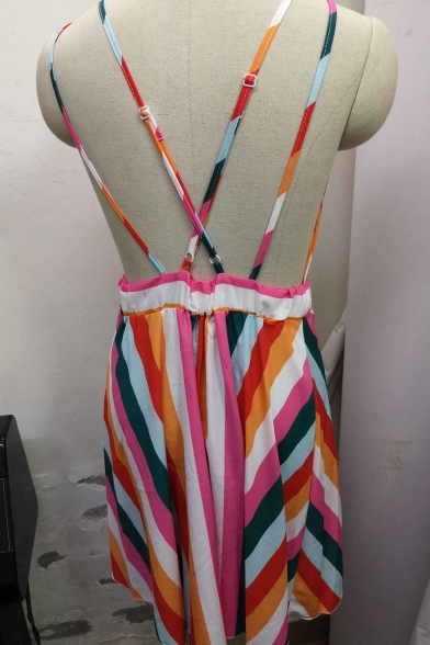 Summer Fancy Colorful Striped Print Sexy Plunging V-Neck Sleeveless Mini A-Line Slip Dress