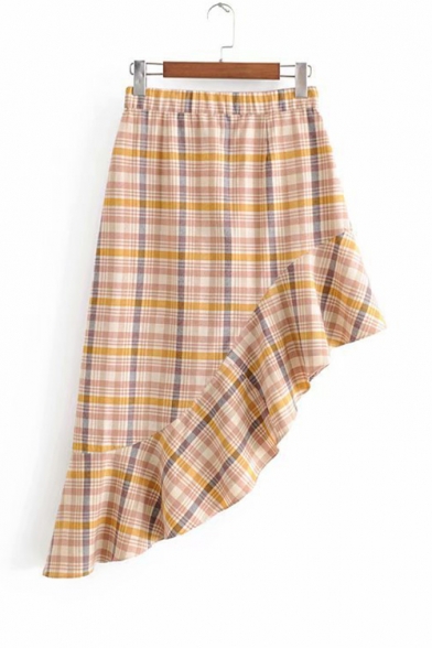 Summer Fancy Plaid Printed Chic Button-Fly Asymmetrical Skirt for Girls