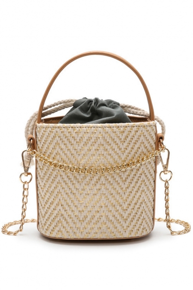 Summer Fashion Plain Straw Bucket Bag with Chain Strap 15*10*15 CM