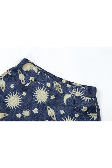 Summer Girls New Stylish High Rise Moon Sun Pattern Rolled Cuff Casual Shorts