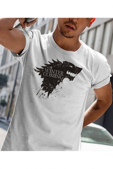 Summer Guys Wolf Letter WINTER IS COMING Print Round Neck Short Sleeve T-Shirt
