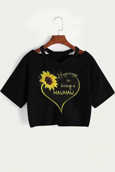 Summer Heart Letter Sunflower Pattern V-Neck Short Sleeve Black Cropped T-Shirt