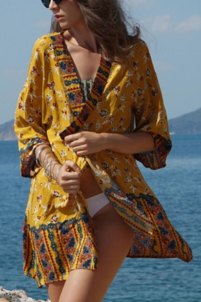 

Summer Holiday Fashion Yellow Floral Printed Chiffon Kimono Blouse Top, LM545050