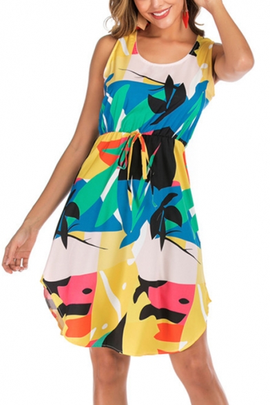 Summer Holiday Tropical Printed Round Neck Sleeveless Drawstring Waist Midi A-Line Tank Dress