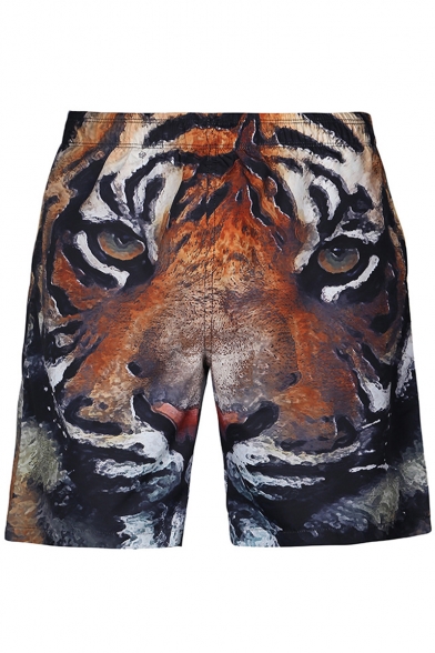 Summer Hot Fashion Creative 3D Tiger Printed Drawstring Waist Brown Casual Loose Shorts with Mesh Liner for Guys