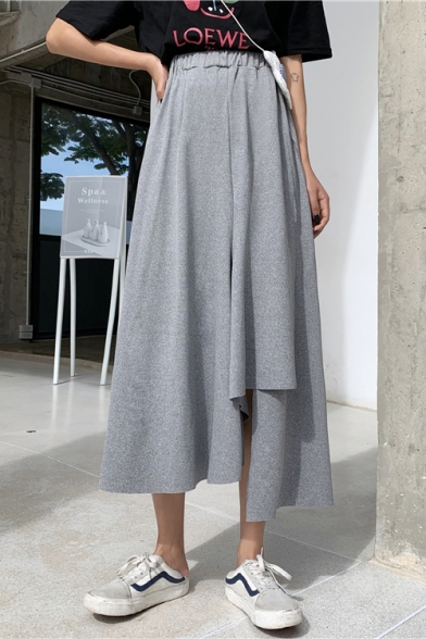 Summer Hot Fashion Elastic Waist Plain Split Side Asymmetric Hem Casual Loose Midi Holiday Skirt