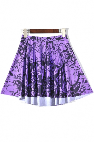 Summer Hot Fashion Elastic Waist Rabbit Floral Print Pleated Mini Purple Skater Skirt for Women
