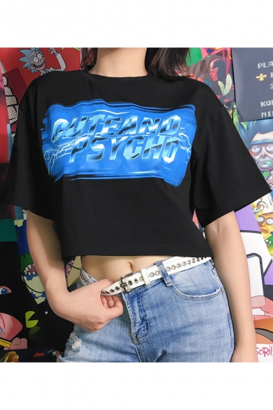 Summer Hot Fashion Letter CUTE AND PSYCHO Print Round Neck Short Sleeve Black Crop Tee