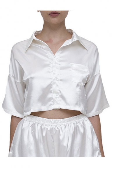 Summer Hot Fashion Plain Lapel Collar Button Down Chest Front Pocket Drop Sleeve Crop Top Tee
