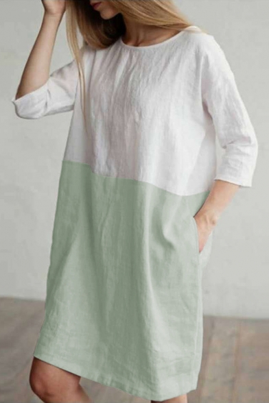 Summer Hot Fashion Two-Tone Colorblocked Round Neck Casual Loose Mini Linen Dress