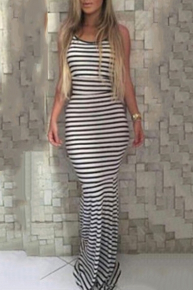Summer Hot Trendy Striped Print Crisscross Back Fishtail Floor Length Paty Dress