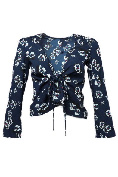 Summer New Arrival Womens Plunge V Neck Knotted Front Floral Print Fitted Sunscreen Holiday Blouse